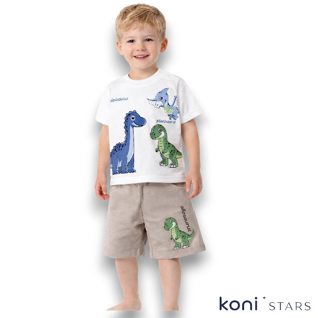 Детски летен комплект бял - тениска и къси панталони на динозаври